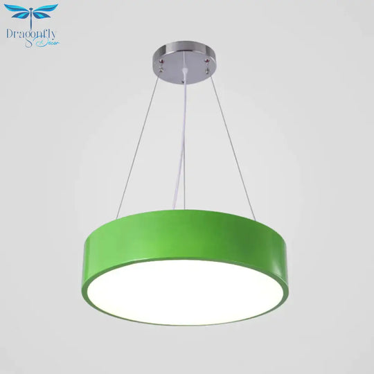 Macaron Drum Shaped Pendant Light Metal Nursery School Led Hanging Fixture In Red/Yellow/Green