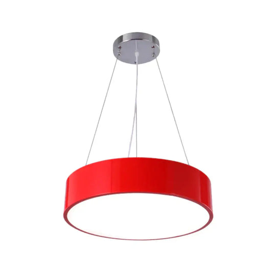 Macaron Drum Shaped Pendant Light Metal Nursery School Led Hanging Fixture In Red/Yellow/Green