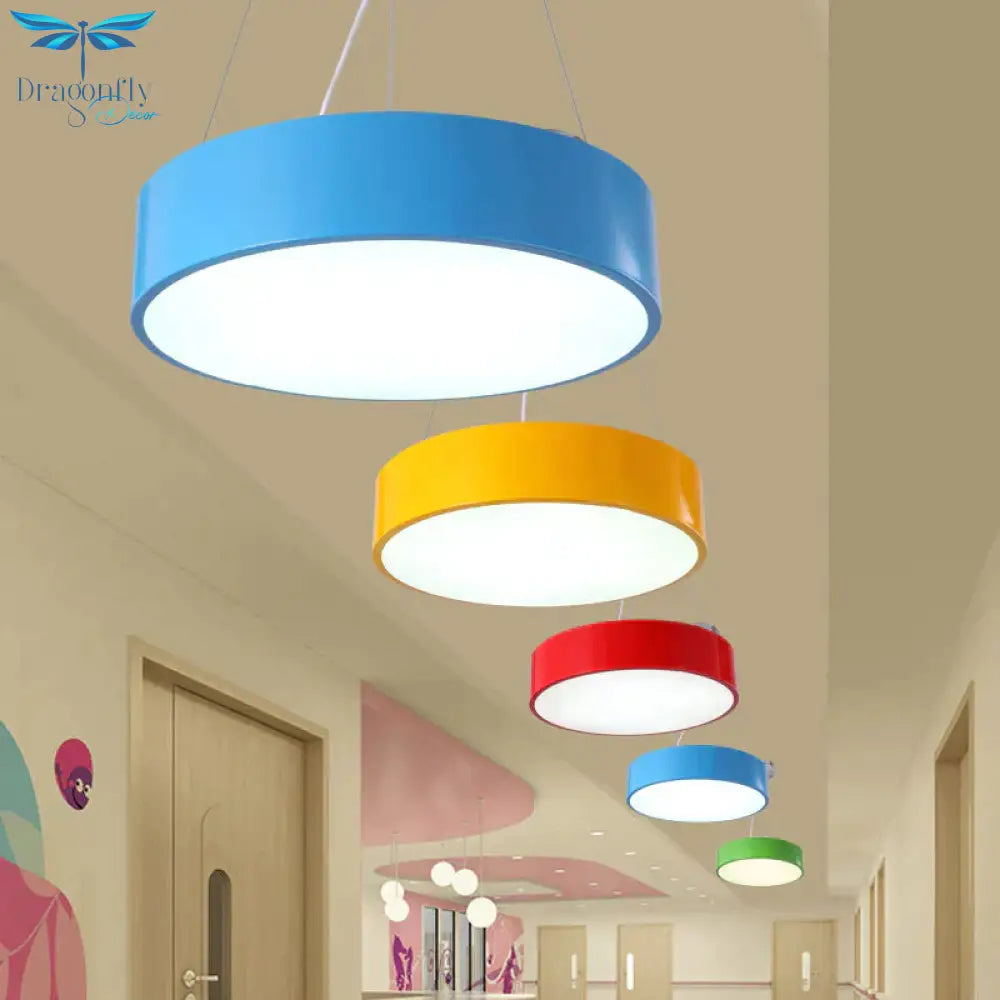 Macaron Drum Shaped Pendant Light Metal Nursery School Led Hanging Fixture In Red/Yellow/Green