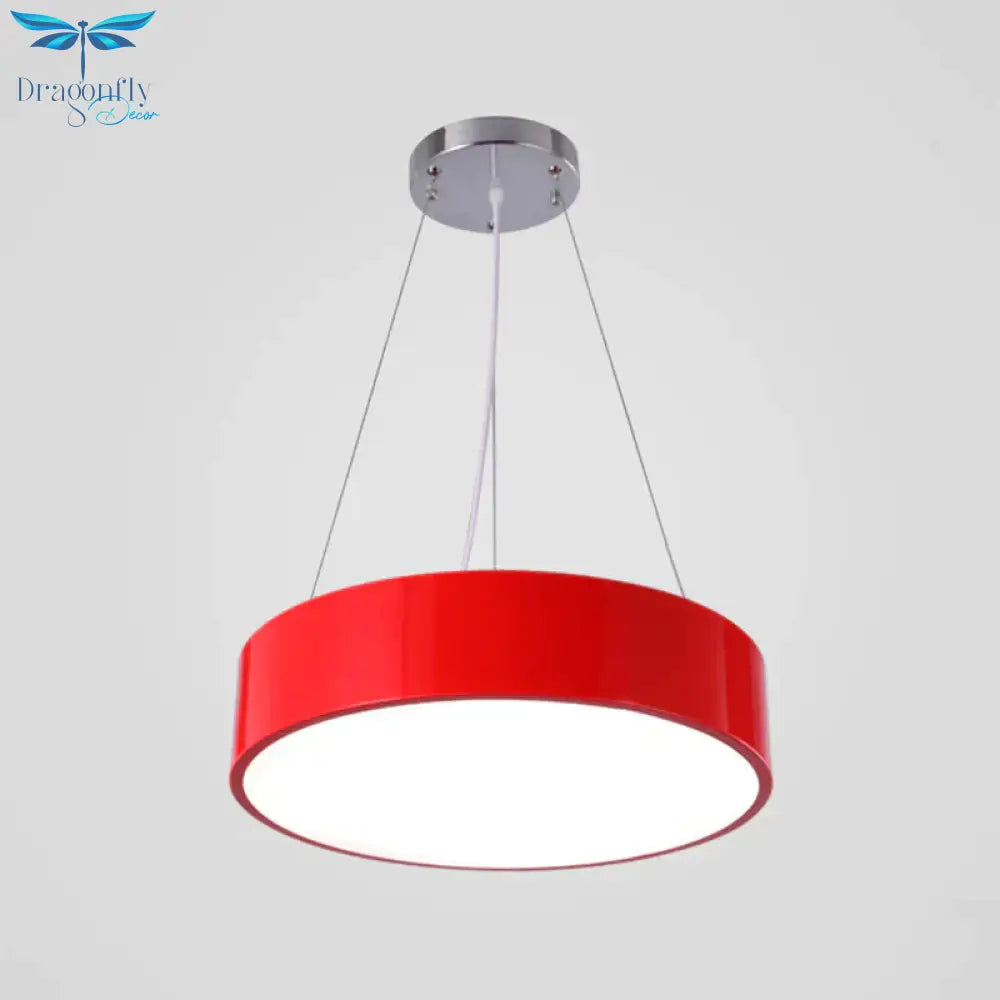 Macaron Drum Shaped Pendant Light Metal Nursery School Led Hanging Fixture In Red/Yellow/Green
