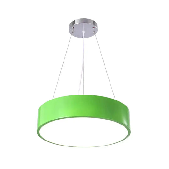 Macaron Drum Shaped Pendant Light Metal Nursery School Led Hanging Fixture In Red/Yellow/Green