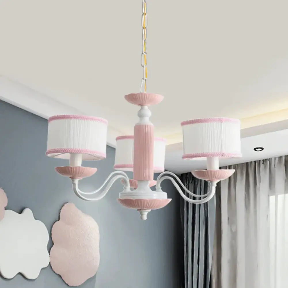 Macaroon 3/6 Bulbs Pendant Light Pink/Blue Drum Chandelier Lighting Fixture With Fabric Shade 3 /