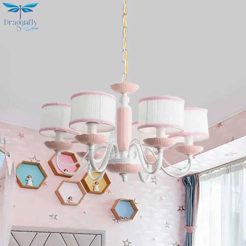Macaroon 3/6 Bulbs Pendant Light Pink/Blue Drum Chandelier Lighting Fixture With Fabric Shade