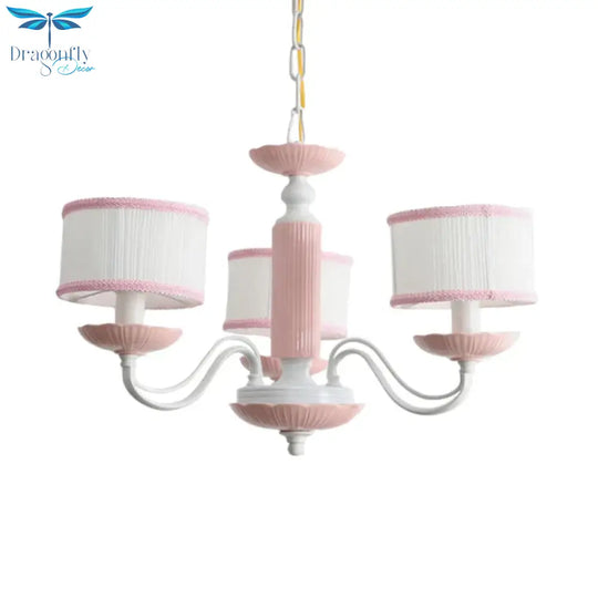 Macaroon 3/6 Bulbs Pendant Light Pink/Blue Drum Chandelier Lighting Fixture With Fabric Shade