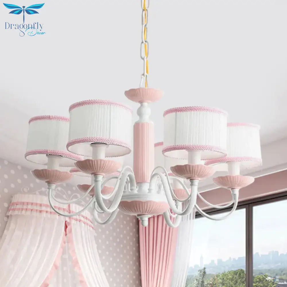 Macaroon 3/6 Bulbs Pendant Light Pink/Blue Drum Chandelier Lighting Fixture With Fabric Shade