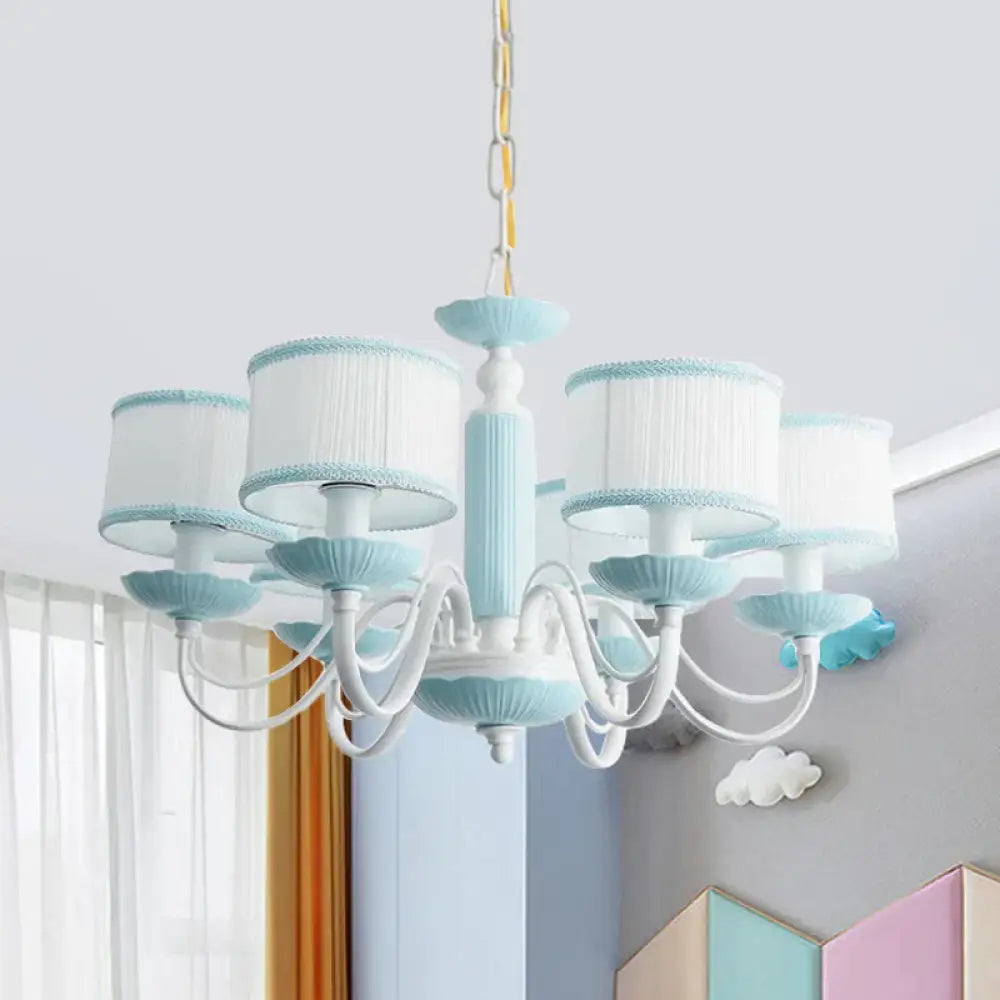 Macaroon 3/6 Bulbs Pendant Light Pink/Blue Drum Chandelier Lighting Fixture With Fabric Shade 6 /