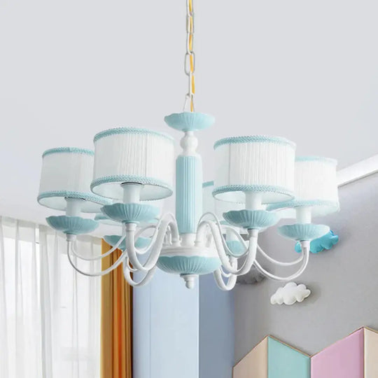 Macaroon 3/6 Bulbs Pendant Light Pink/Blue Drum Chandelier Lighting Fixture With Fabric Shade 6 /
