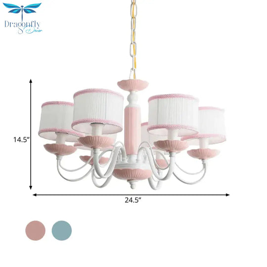 Macaroon 3/6 Bulbs Pendant Light Pink/Blue Drum Chandelier Lighting Fixture With Fabric Shade