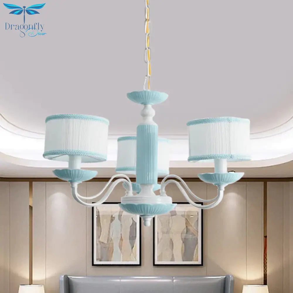 Macaroon 3/6 Bulbs Pendant Light Pink/Blue Drum Chandelier Lighting Fixture With Fabric Shade