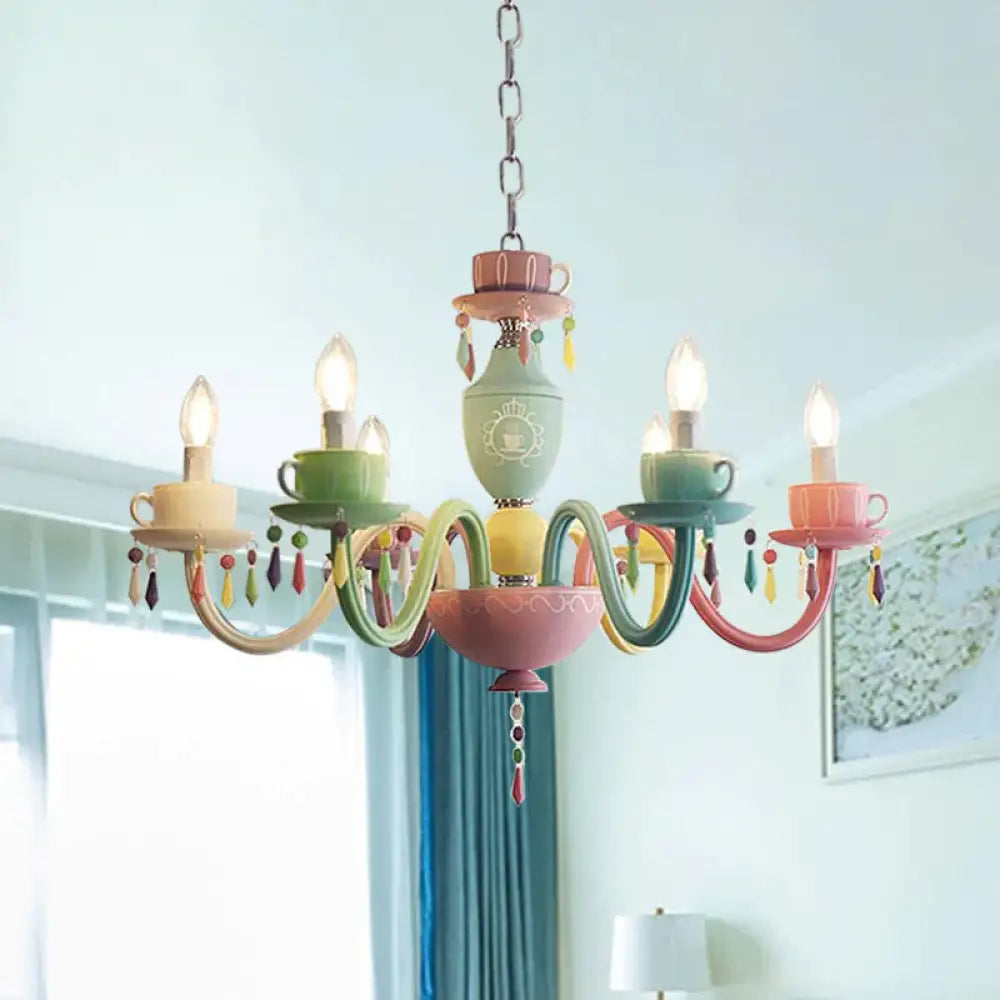 Macaroon Cup Crystal Chandelier 5/6 Lights Pendant Lighting Fixture In Blue - Yellow - Green - Pink
