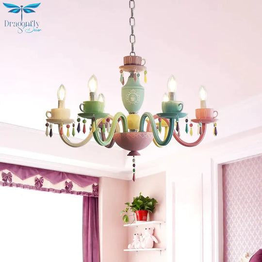 Macaroon Cup Crystal Chandelier 5/6 Lights Pendant Lighting Fixture In Blue - Yellow - Green - Pink