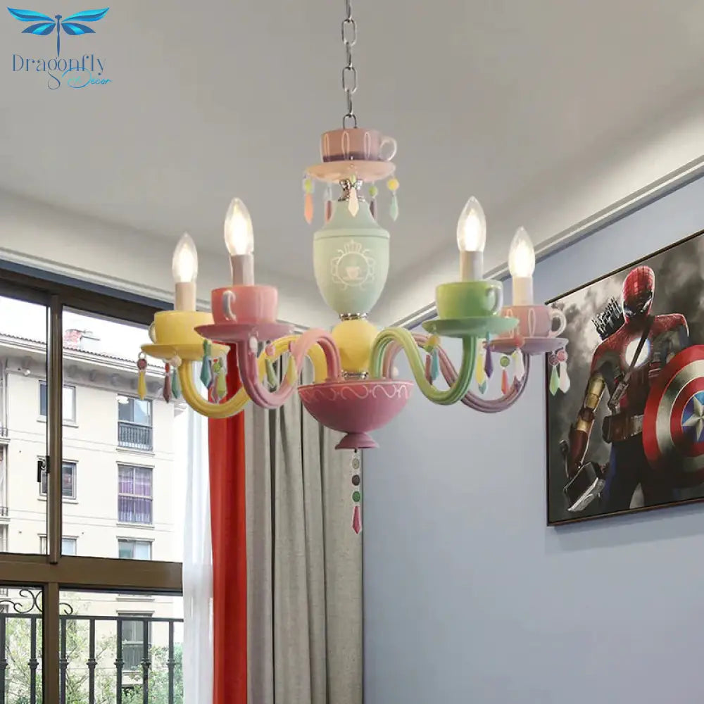 Macaroon Cup Crystal Chandelier 5/6 Lights Pendant Lighting Fixture In Blue - Yellow - Green - Pink