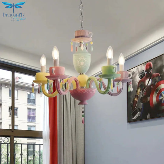 Macaroon Cup Crystal Chandelier 5/6 Lights Pendant Lighting Fixture In Blue - Yellow - Green - Pink