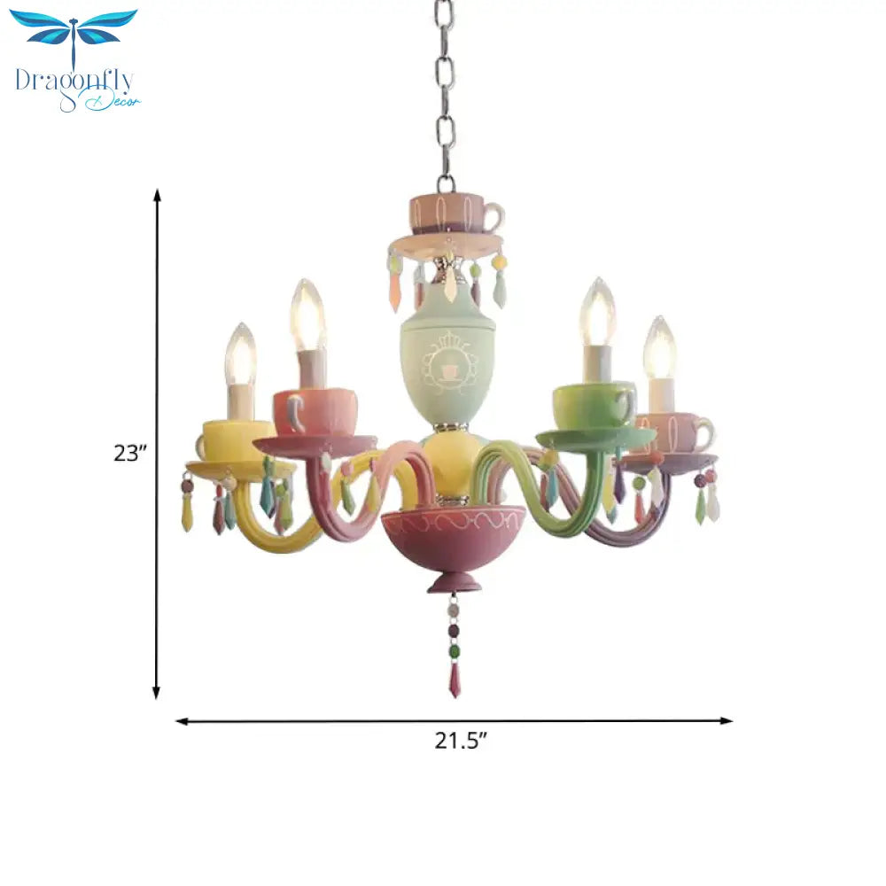 Macaroon Cup Crystal Chandelier 5/6 Lights Pendant Lighting Fixture In Blue - Yellow - Green - Pink