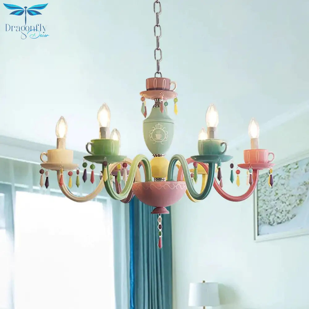Macaroon Cup Crystal Chandelier 5/6 Lights Pendant Lighting Fixture In Blue - Yellow - Green - Pink