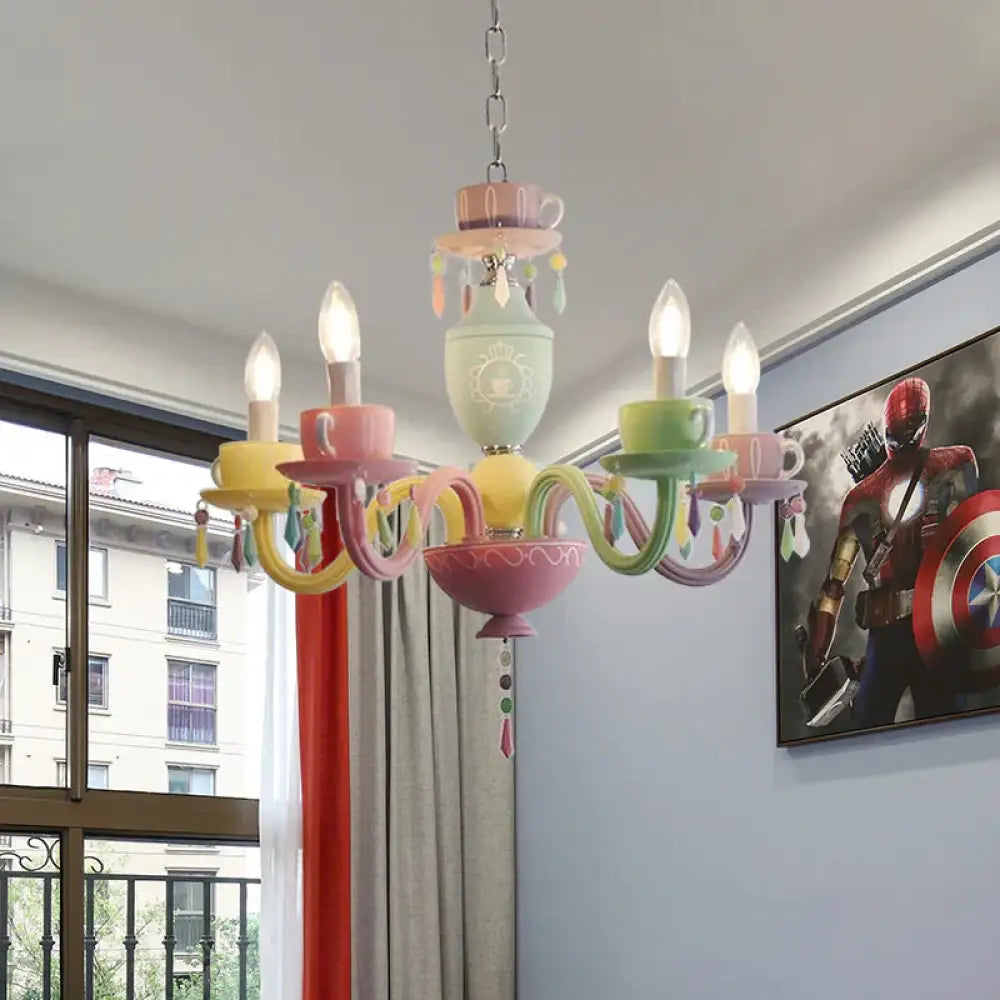 Macaroon Cup Crystal Chandelier 5/6 Lights Pendant Lighting Fixture In Blue - Yellow - Green - Pink