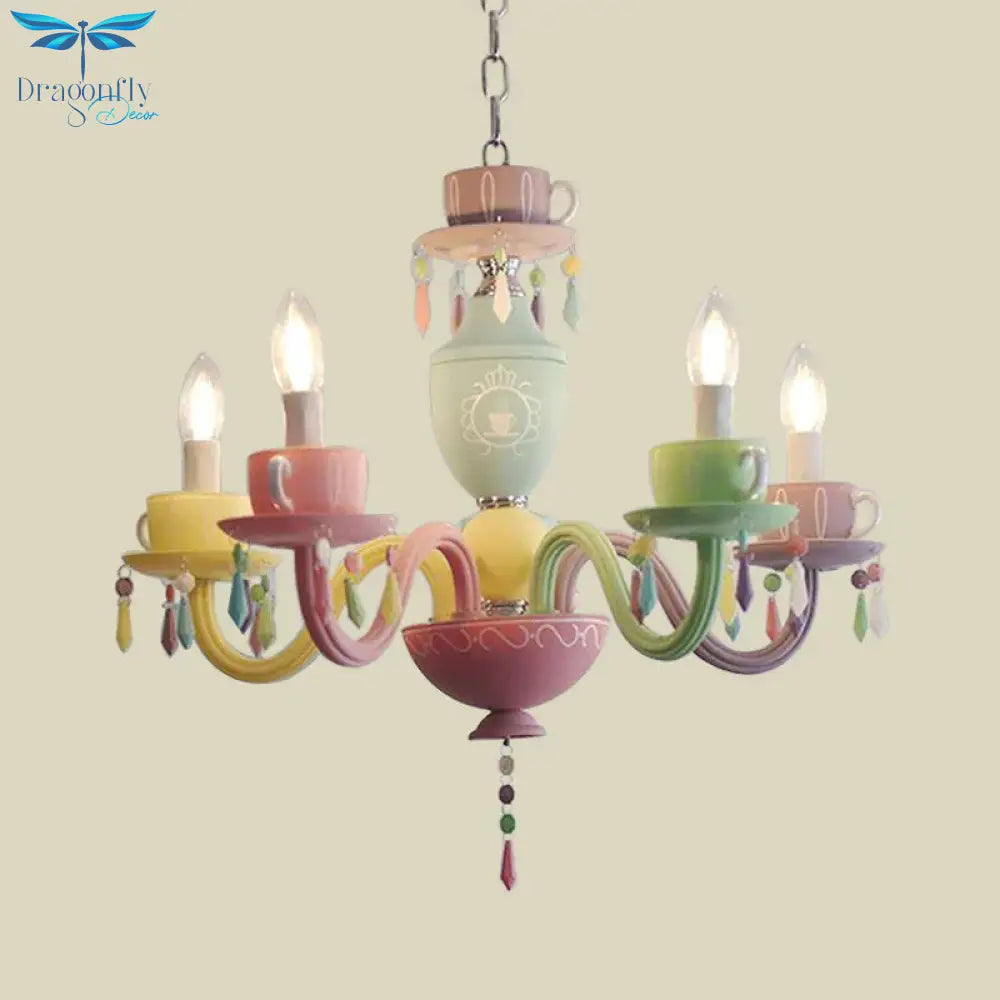 Macaroon Cup Crystal Chandelier 5/6 Lights Pendant Lighting Fixture In Blue - Yellow - Green - Pink