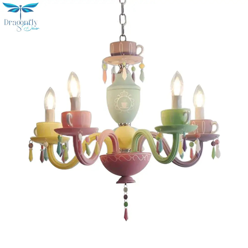 Macaroon Cup Crystal Chandelier 5/6 Lights Pendant Lighting Fixture In Blue - Yellow - Green - Pink