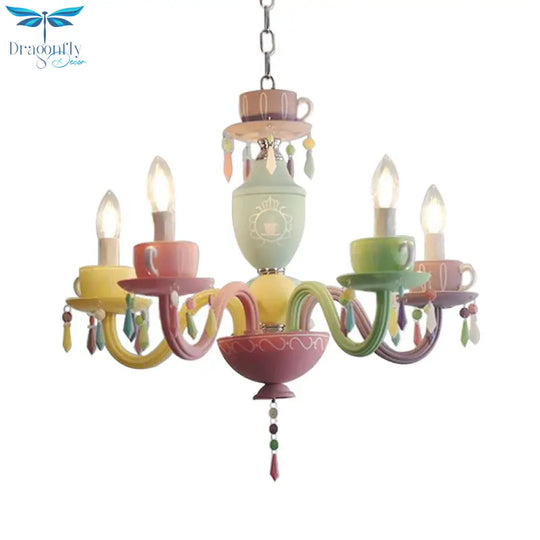 Macaroon Cup Crystal Chandelier 5/6 Lights Pendant Lighting Fixture In Blue - Yellow - Green - Pink