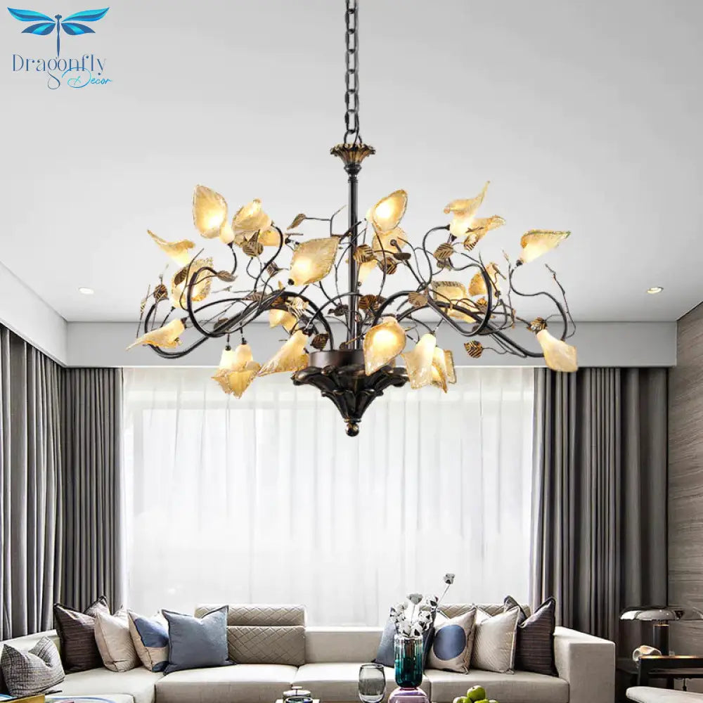 Metal Antique Bronze Pendant Chandelier Flower 25 Lights Countryside Led Down Lighting For