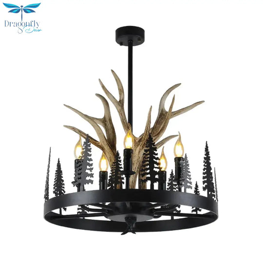Metal Black Ceiling Chandelier Candle 5 Heads Farmhouse Hanging Pendant Light With Wheel Design