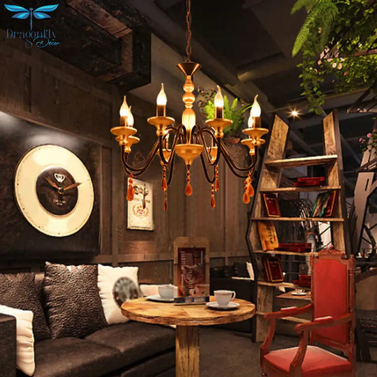 Metal Black - Gold Hanging Light Candelabra 3/5/8 Heads Farmhouse Pendant Chandelier With Amber