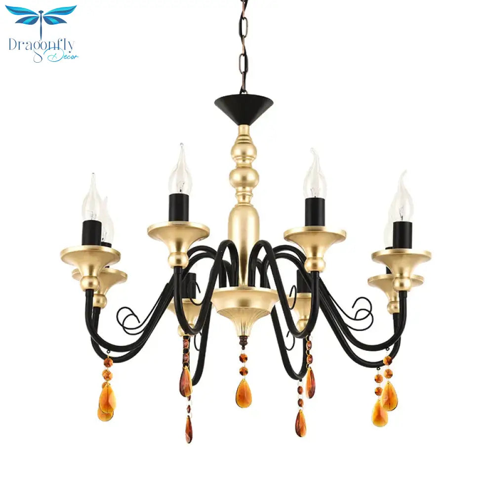 Metal Black - Gold Hanging Light Candelabra 3/5/8 Heads Farmhouse Pendant Chandelier With Amber