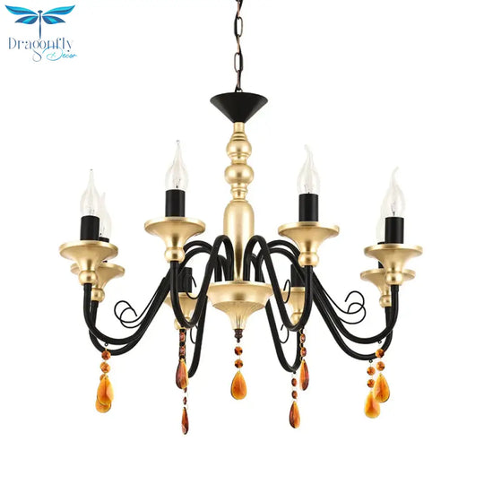 Metal Black - Gold Hanging Light Candelabra 3/5/8 Heads Farmhouse Pendant Chandelier With Amber