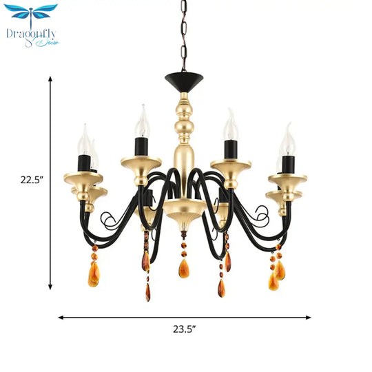 Metal Black - Gold Hanging Light Candelabra 3/5/8 Heads Farmhouse Pendant Chandelier With Amber