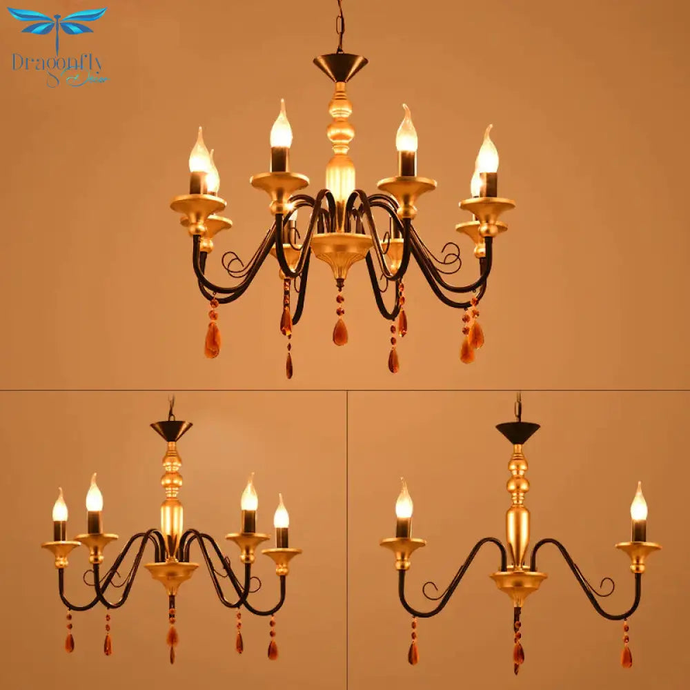 Metal Black - Gold Hanging Light Candelabra 3/5/8 Heads Farmhouse Pendant Chandelier With Amber