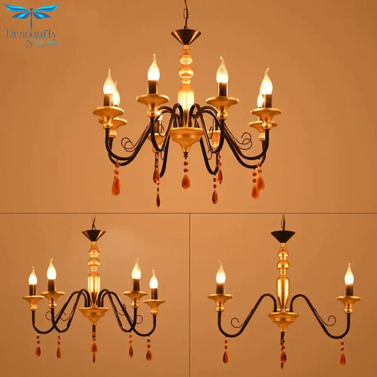 Metal Black - Gold Hanging Light Candelabra 3/5/8 Heads Farmhouse Pendant Chandelier With Amber