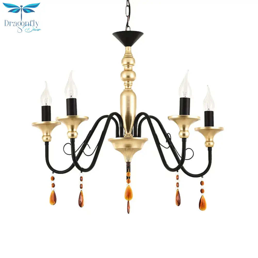 Metal Black - Gold Hanging Light Candelabra 3/5/8 Heads Farmhouse Pendant Chandelier With Amber