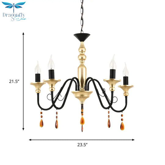 Metal Black - Gold Hanging Light Candelabra 3/5/8 Heads Farmhouse Pendant Chandelier With Amber