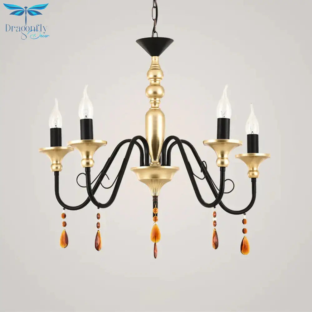 Metal Black - Gold Hanging Light Candelabra 3/5/8 Heads Farmhouse Pendant Chandelier With Amber