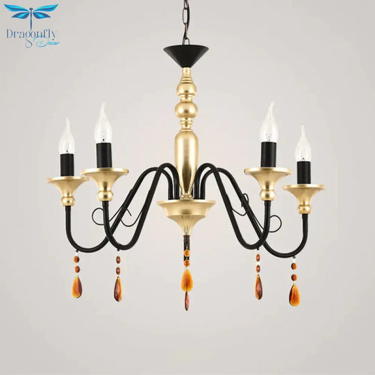 Metal Black - Gold Hanging Light Candelabra 3/5/8 Heads Farmhouse Pendant Chandelier With Amber