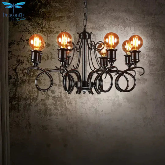 Metal Black Hanging Chandelier Swirled Arm 8 - Bulb Traditional Suspension Light For Living Room