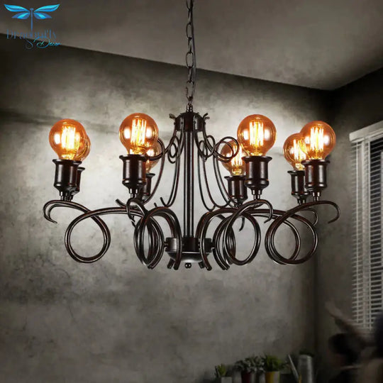 Metal Black Hanging Chandelier Swirled Arm 8 - Bulb Traditional Suspension Light For Living Room