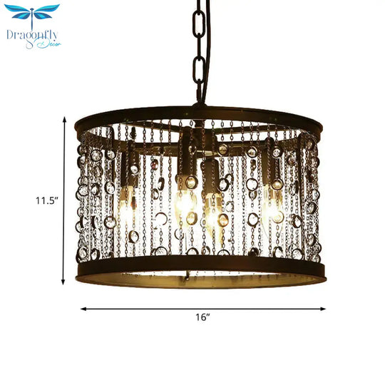Metal Black Pendant Lamp Drum 4 Lights Rustic Chandelier Light Fixture For Dining Room With Crystal