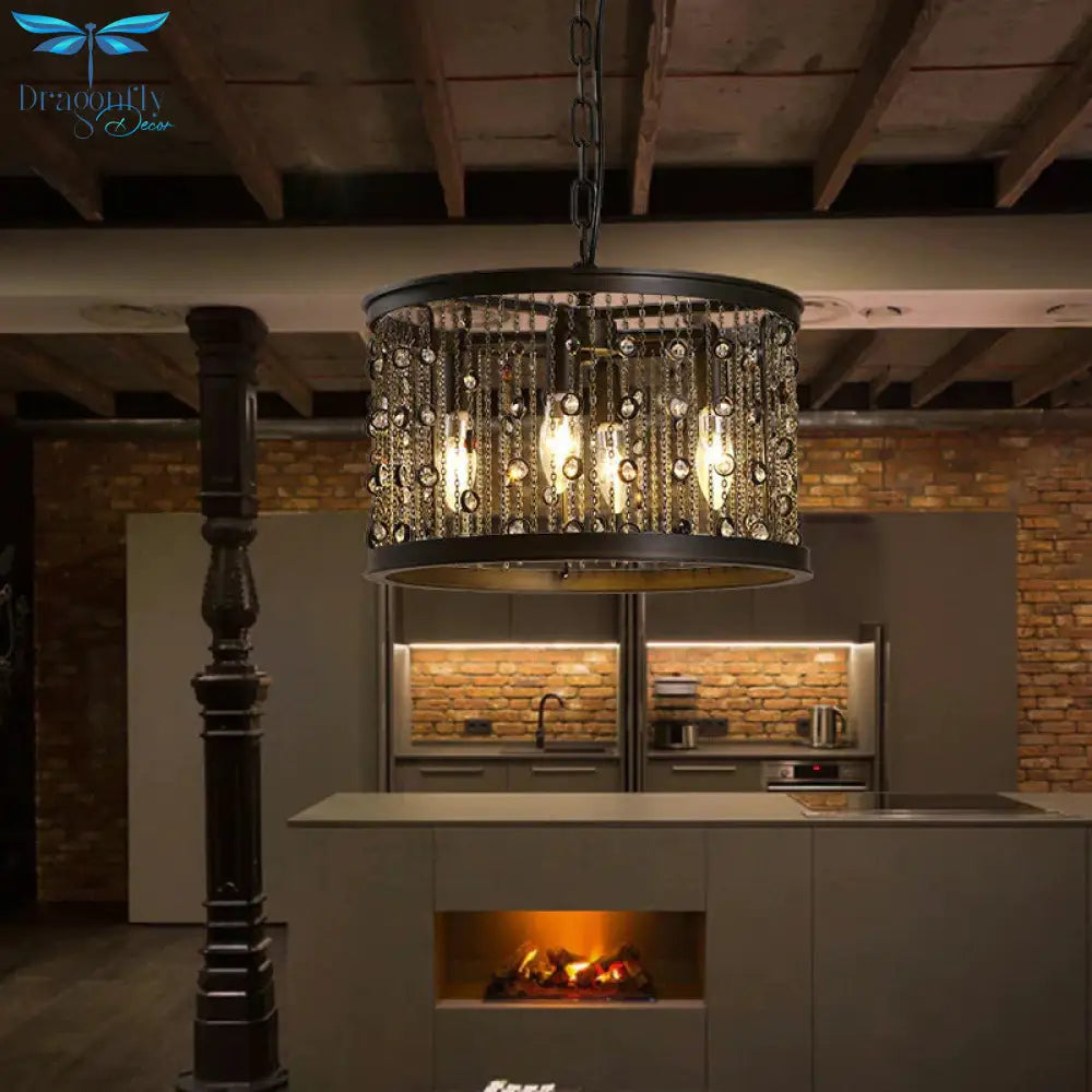 Metal Black Pendant Lamp Drum 4 Lights Rustic Chandelier Light Fixture For Dining Room With Crystal