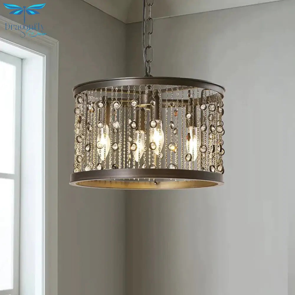 Metal Black Pendant Lamp Drum 4 Lights Rustic Chandelier Light Fixture For Dining Room With Crystal