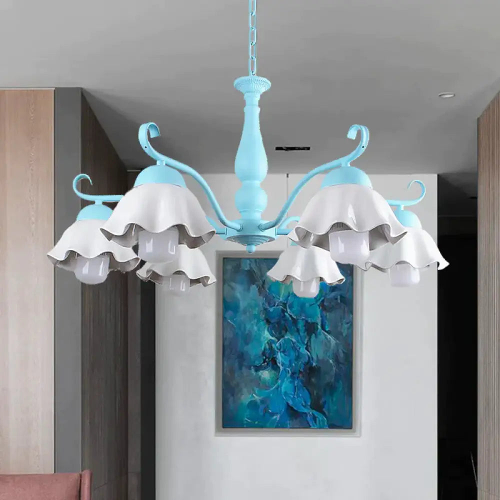 Metal Black/White/Blue Chandelier Lighting Scalloped 6 Heads Country Style Hanging Light Fixture
