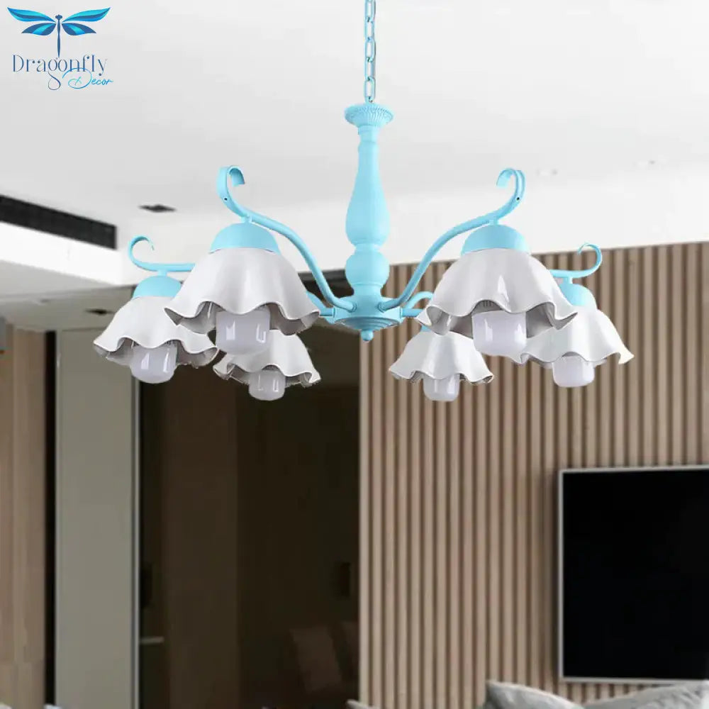 Metal Black/White/Blue Chandelier Lighting Scalloped 6 Heads Country Style Hanging Light Fixture