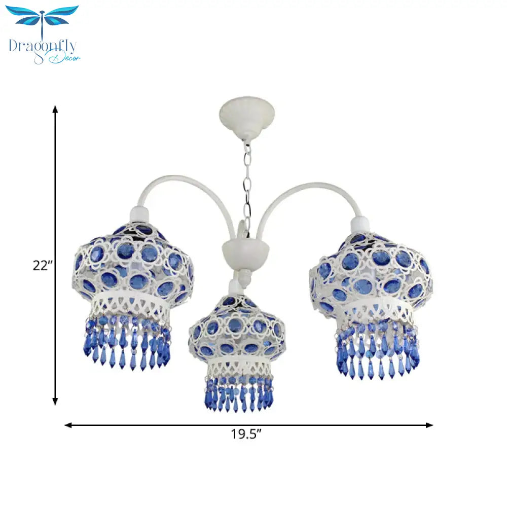 Metal Blue Chandelier Light Fixture Lantern 3 Bulbs Traditional Ceiling Pendant For Living Room