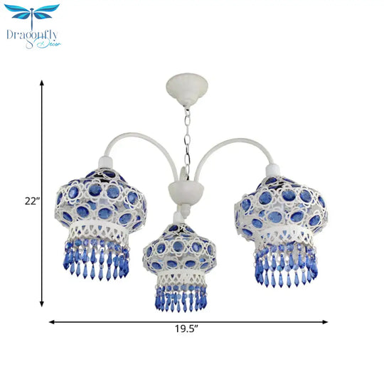 Metal Blue Chandelier Light Fixture Lantern 3 Bulbs Traditional Ceiling Pendant For Living Room