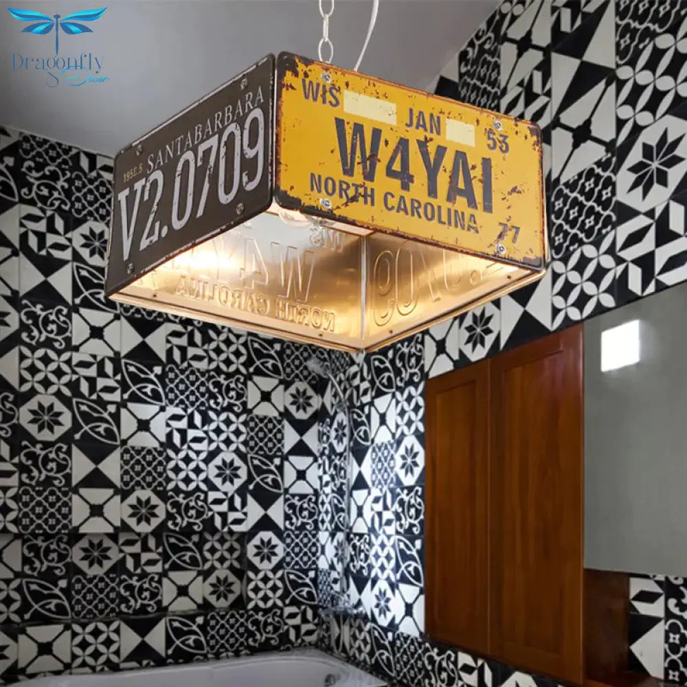 Metal Box Hanging Lamp Three - Light Vintage Chandeliers In Black And Yellow For Bistro