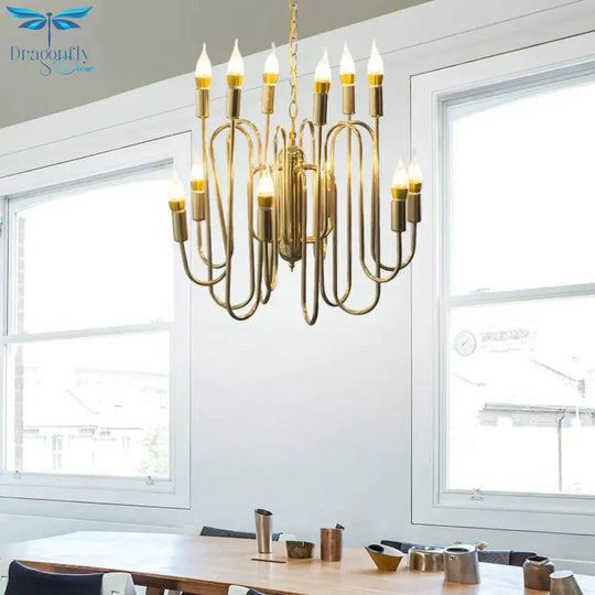 Metal Branch Chandelier Minimalism 12 Heads Gold Pendant Lighting Fixture For Dining Room