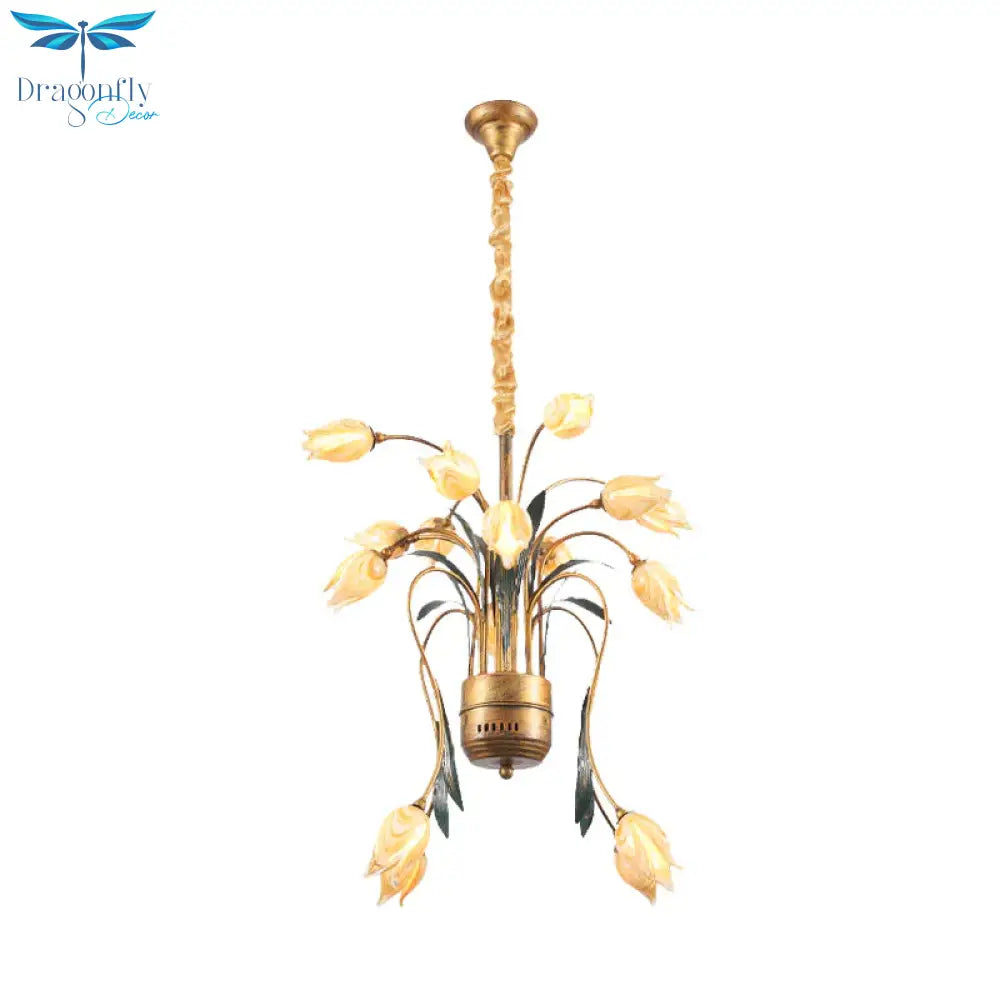 Metal Brass Hanging Chandelier Tulip 16/25 Lights Pastoral Style Led Down Lighting Pendant For