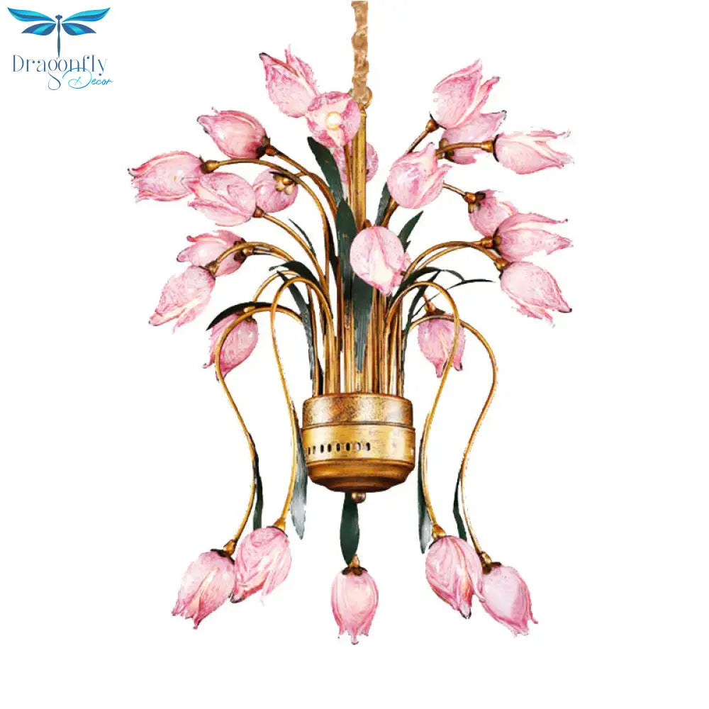 Metal Brass Hanging Chandelier Tulip 16/25 Lights Pastoral Style Led Down Lighting Pendant For