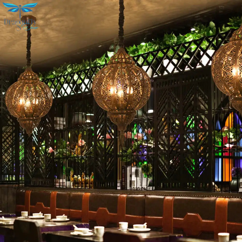 Metal Bronze Pendant Lighting Lantern Shade 3 - Bulb Traditional Hanging Chandelier With Laser Cut