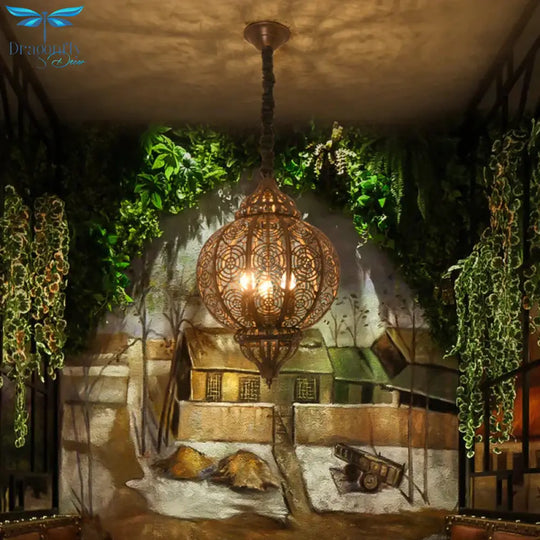 Metal Bronze Pendant Lighting Lantern Shade 3 - Bulb Traditional Hanging Chandelier With Laser Cut